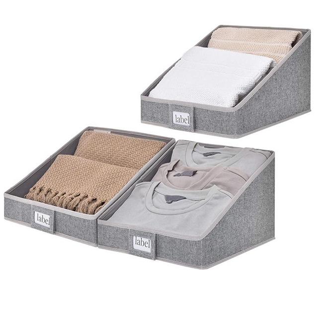 StorageWorks Closet Storage Bins, Collapsible Trapezoid Storage Basket, Closet Shelf Organizers with 2 Lable Holders, Gray, 3-Pack