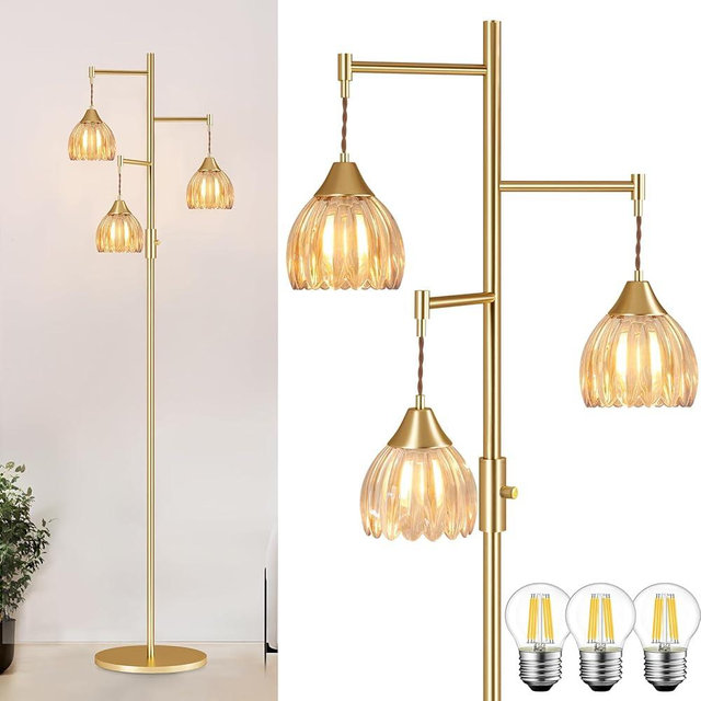 Shenmoyl Stepless Dimming Floor Lamps for Living Room, Bedroom, Gold Standing Lamp with 3pcs 6W Bulbs, Vintage Brass Floor Lamp for Corner, Nursery (Amber Tulip)