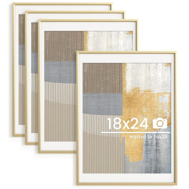 18x24 inch Metal Poster Frame - 18 x 24 Thin Aluminum Picture Frames Matted for 16x20 Photos, Artworks, Prints, Puzzle - High Definition Plexiglass - Vertical and Horizontal Display - Wall Hook Hanging Hardware Included - Gold, 4 Pack