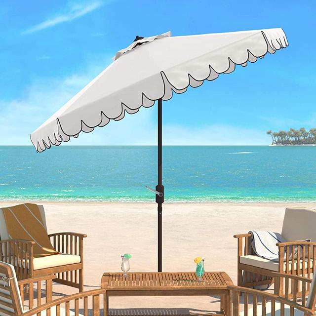 Safavieh PAT8010E Collection Venice White and Black Single Scallop 9Ft Crank Outdoor Push Button Tilt Umbrella