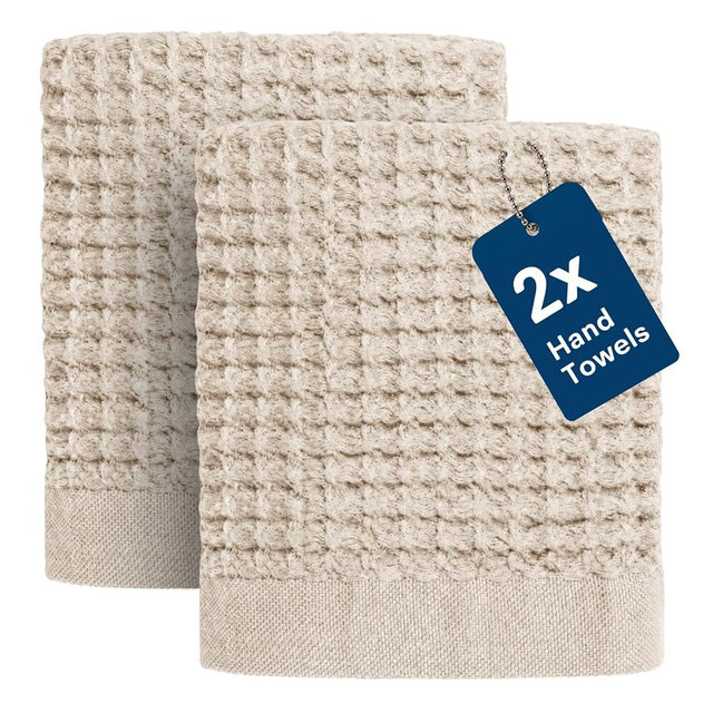 ONSEN Supima® Waffle Hand Towels, Quick Dry Lint Free 100% USA Cotton, Lightweight Absorbent Hand Towel Set, 16x30 in (Oatmeal, Hand Towel 2-Pack)
