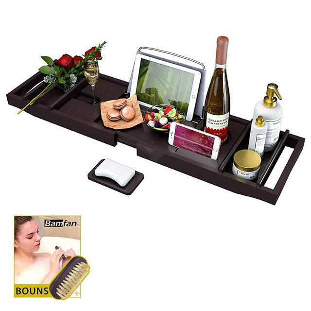 Bathtub Caddy Tray for Luxury Bath - Bamboo Waterproof Expandable Bath Table Over Tub with Wine and Book Holder and Free Soap Dish (Brown)