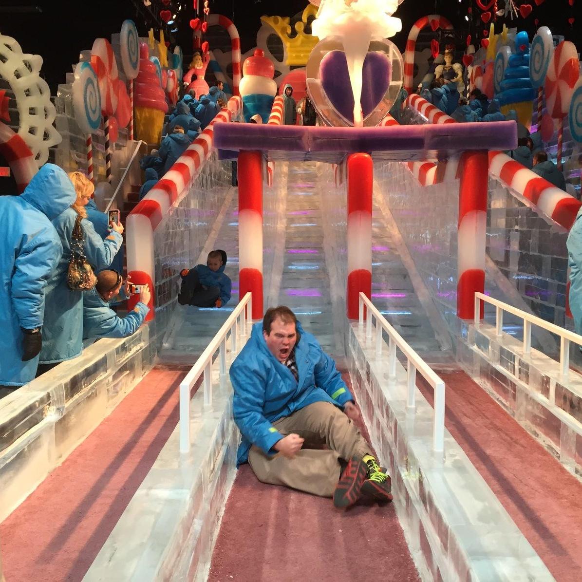 Matthew had a crash landing on the ice slide!