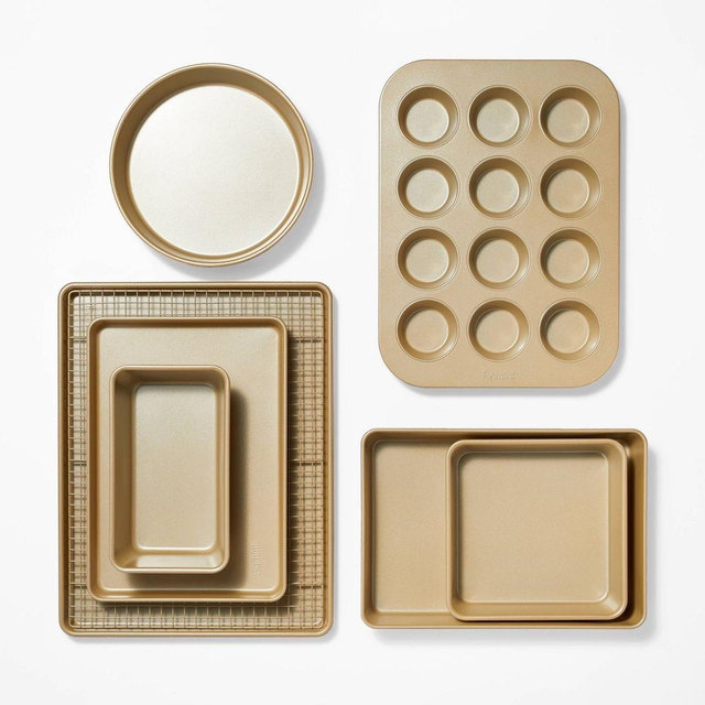 8pc Nonstick Bakeware Set Gold - Figmint™: Figmint Kitchen Baking Set, Includes Baking Pan & Cooling Rack