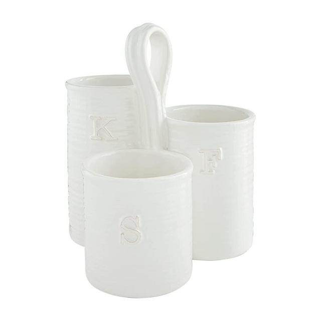 Mud Pie Fork, Knife and Spoon Utensil Holder, White, 8" x 7" dia