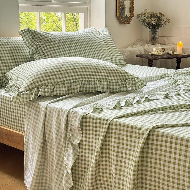 NSNLGSGC Sage Green Gingham Ruffle Full Sheet Set, Green Soft Pre-Washed Microfiber Plaid Full Bed Sheets, 4-Pieces Farmhouse Sheet Set with Deep Pocket