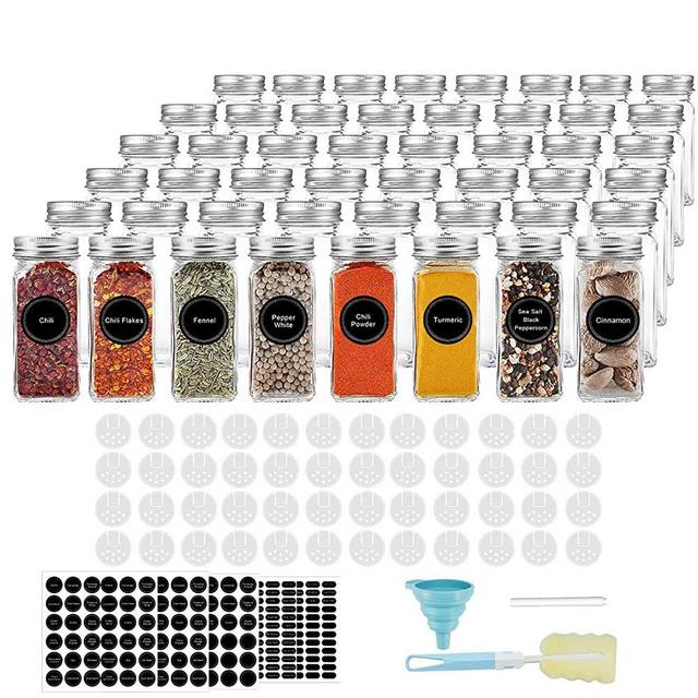 Glass Spice Jars, AIVIKI 48 PCS 4oz Empty Square Spice Bottles Containers with Shaker Lids and Airtight Metal Caps - 828 Spice Labels and Chalk Marker and Silicone Collapsible Funnel Sponge Brush
