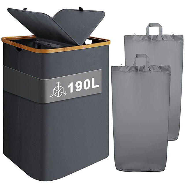 190L Super Large Laundry Hamper with Lid, Foldable Laundry Basket with Bamboo Handles, Grey Dirty Clothes Hamper for Bamboo Bathroom Bin, Bedroom, Closet, Hampers for Laundry, Toys, Clothing