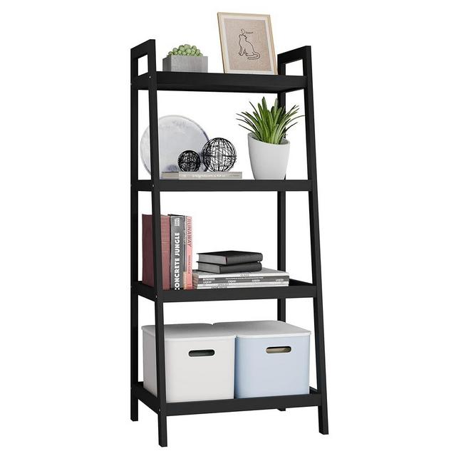 SMIBUY Bamboo Bookshelf, Bathroom Storage Rack Organizer, Plant Flower Display Stand Floor Standing with 4 Tier Open Shelves and Handles (Black)