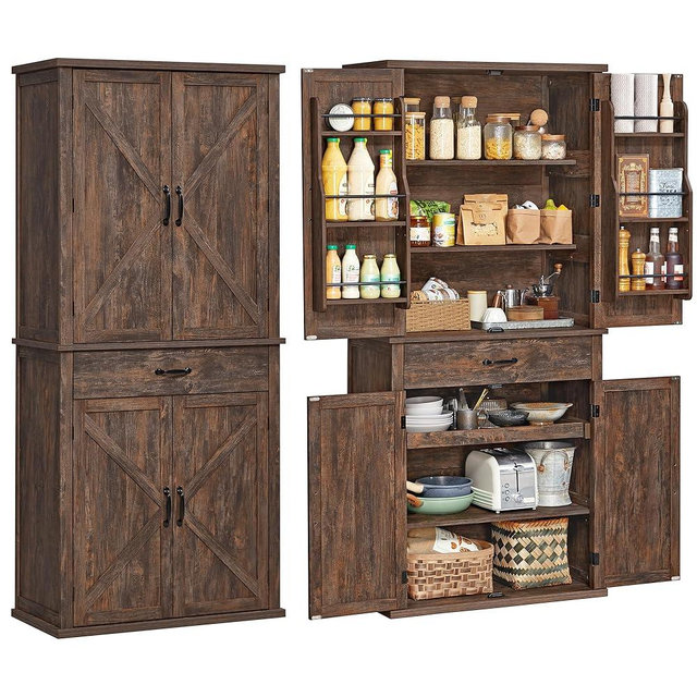 VASAGLE LIRY Collection - Pantry Cabinet, 70.3-Inch Tall Farmhouse Kitchen Storage Cabinet with Barn Doors, Drawer, Tray, Adjustable Shelves, for Kitchen, Dining Room, Hazelnut Brown UBBK364K01