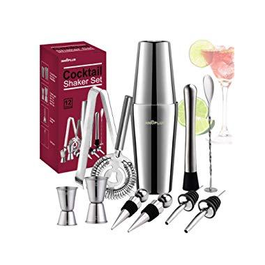 Cocktail Shaker, Martini Shaker, Drink Shaker, Cocktail Shaker Set 12 Piece, Boston Shaker Bar Set, Cocktail Strainer, Bar tools, Bartender Kit Gifts, Stainless Steel Double Measuring Jigger, Spoon