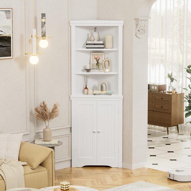 Flamaker Corner Cabinet, Corner Shelf with 2 Barn Doors and 3 Shelves, Freestanding Storage Cabinet with Adjustable Dividers for Bathroom, Living Room, Bedroom or Kitchen (White)