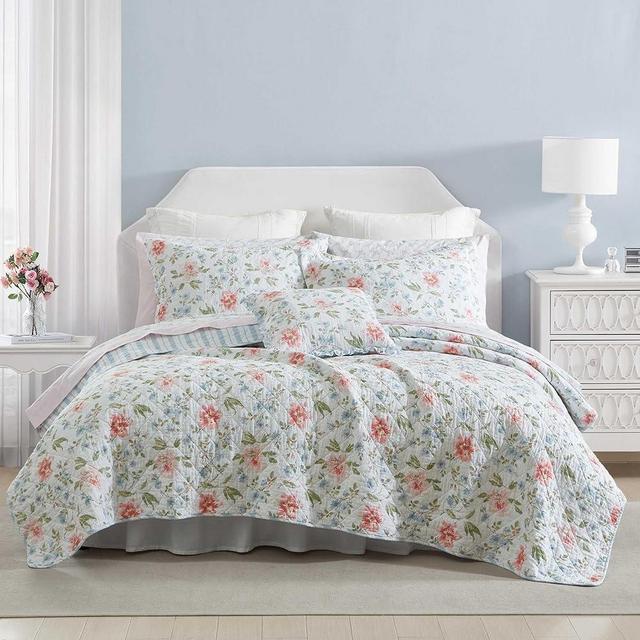 Laura Ashley - Quilt Set, Super Soft Bedding with Matching Shams, Includes Bonus Throw Pillow, Chic Room Decor (Emilie Blue, Full/Queen)