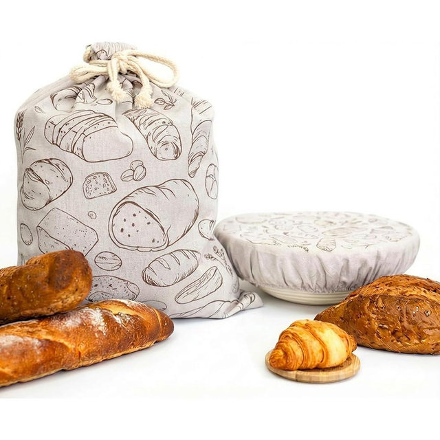 Verigud Large Reusable Linen Bread Bag and 10'' Bowl Cover with Plastic Liners for Bread Storage & Sourdough Proofing