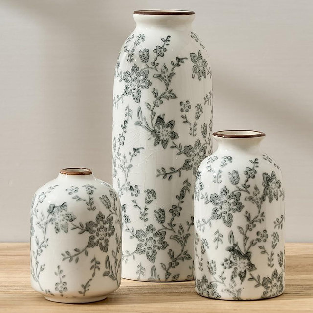 Ceramic Flower Decorative Antique Vase Set of 3, Vintage Rustic Chinoiserie Floral Vase for Home Decor, Living Room, Bookshelf, Office, Entryway, Garden, Chinoiserie Decor, Tuscan Decor- Gray