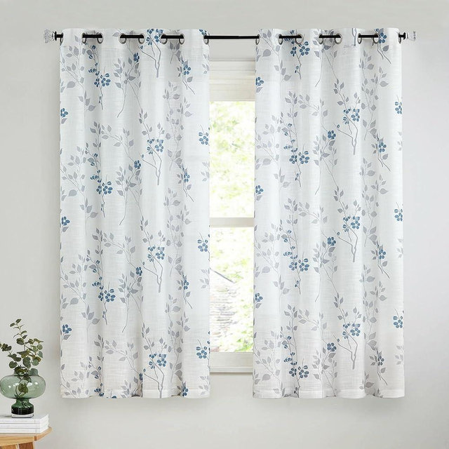 Beauoop Floral linen Semi Sheer Curtains 54 Inch Length 2 Panels for Living Room Bedroom Blue Grey Farmhouse Flower Patterned Light Filtering Textured Grommet Top Window Treatments Drapes, 50x54 2 Set