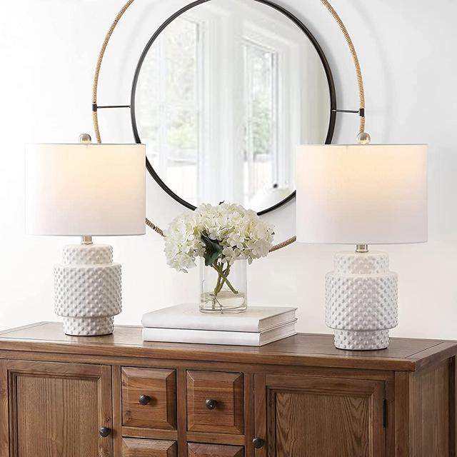 SAFAVIEH Lighting Collection Sonter Modern White 21-inch Bedroom Living Room Home Office Desk Nightstand Table Lamp Set of 2 (LED Bulbs Included)