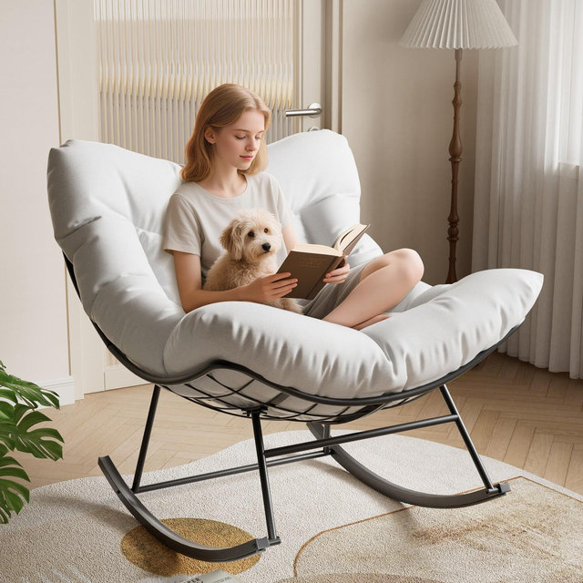 Oversized Outdoor Patio Rocking Chair, Modern Metal Lounge Rocker with Thick 5'' Cushion, Papasan Chairs 350lbs Capacity for Balcony& Bedroom, White