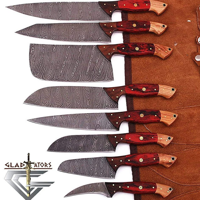 G29RD- Professional Kitchen Knives Custom Made Damascus Steel 8 pcs of Professional Utility Chef Kitchen Knife Set with Chopper/Cleaver with Pocket Case Chef Knife Roll Bag by GladiatorsGuild (Red)