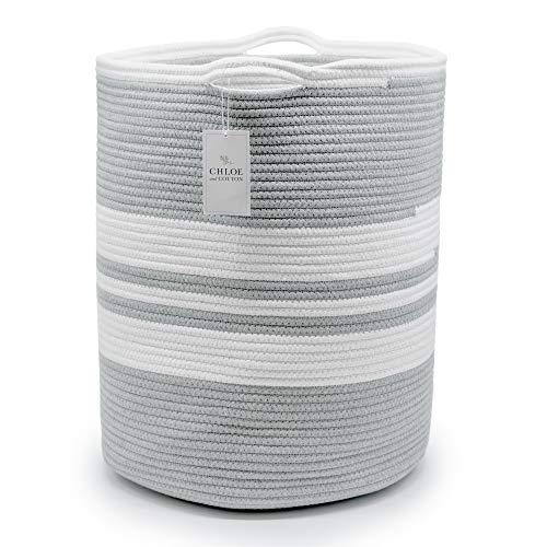 Chloe and Cotton Extra Large Tall Woven Rope Storage Basket 19 x 16 inch Gray White Handles | Decorative Laundry Clothes Hamper, Blanket, Towel, Baby Nursery Diaper, Toy Bin Cute Collapsible Organizer