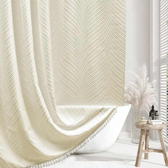Siiluminisoy Beige Boho Shower Curtain Woven Fabric Cute Shower Curtain, 72 x 72 Tufted Leaves Textured Striped Modern Farmhouse Minimalist Cloth Shower Curtain for Bathroom