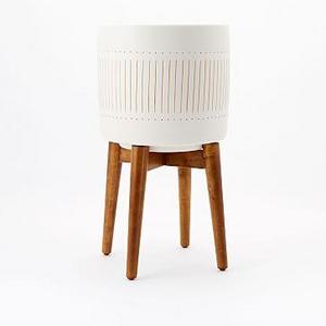 Mid Century Turned Wood Leg Planter, White + Gold, Tall