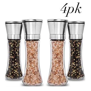 Premium Stainless Steel Salt and Pepper Grinder Set 4 Pack-Adjustable Ceramic Sea Salt Grinder & Pepper Grinder-Tall Glass Salt and Pepper Shakers-Pepper Mill & Salt Mill W/Collapsible Funnel & EBook