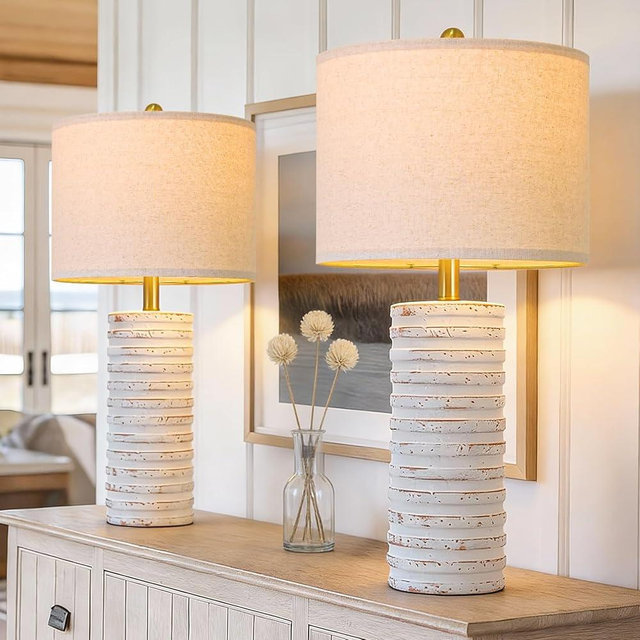 PoKat 27'' Tall Table Lamps for Living Room, Farmhouse Bedside Lamps Set of 2 for Bedroom, Rustic Ceramic Nightstand Lamps with Linen Lampshade Distressed Design for Office Entryway Hallyway (White)