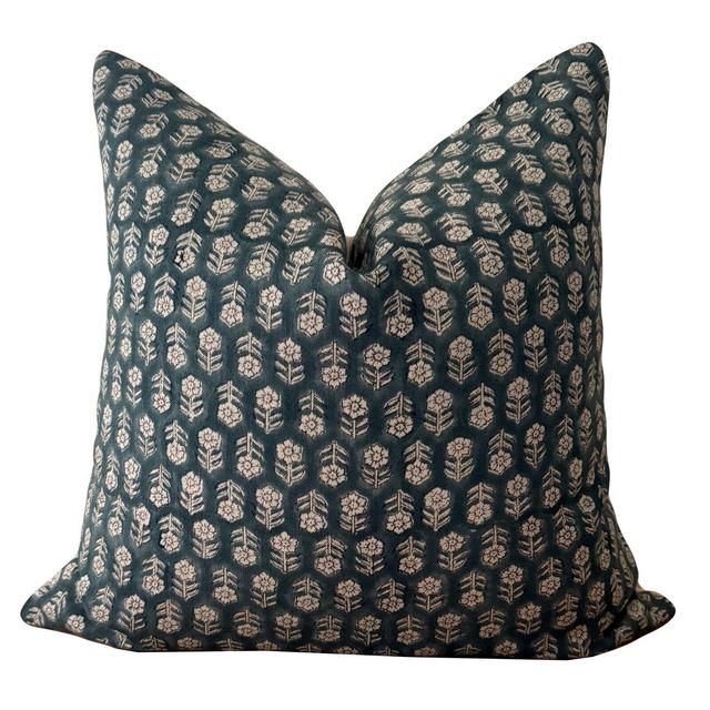 Block Print Pillow Cover, Teal Hand Block Print on Linen Pillow, Linen Floral Pillow