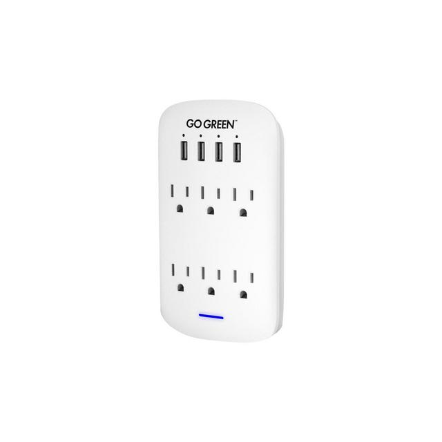 GoGreen Power 6 Outlet 2.4 AMP USB Wall Tap Adapter with USB Ports and Surge Protection, 735 Joules Surge Rating, White