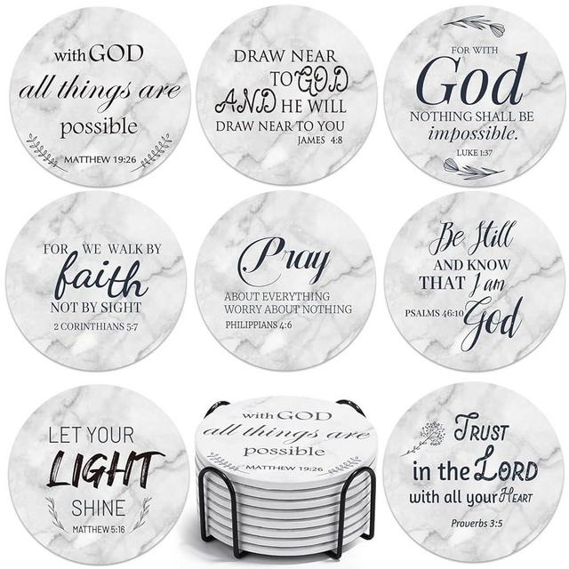 Billbotk Ceramic Coasters with Bible Verses, Coasters Set of 8 with Holder, Absorbent Drink Coasters for Home Decor and Christian Gifts, 4 Inches