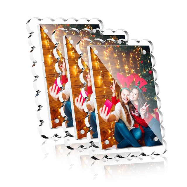 HELPLEX 4x6 Clear Acrylic Picture Frames with Scalloped Edges, 3-Pack Magnetic Frame with Stand for Horizontal or Vertical Display, Tabletop or Desk Photo Holder