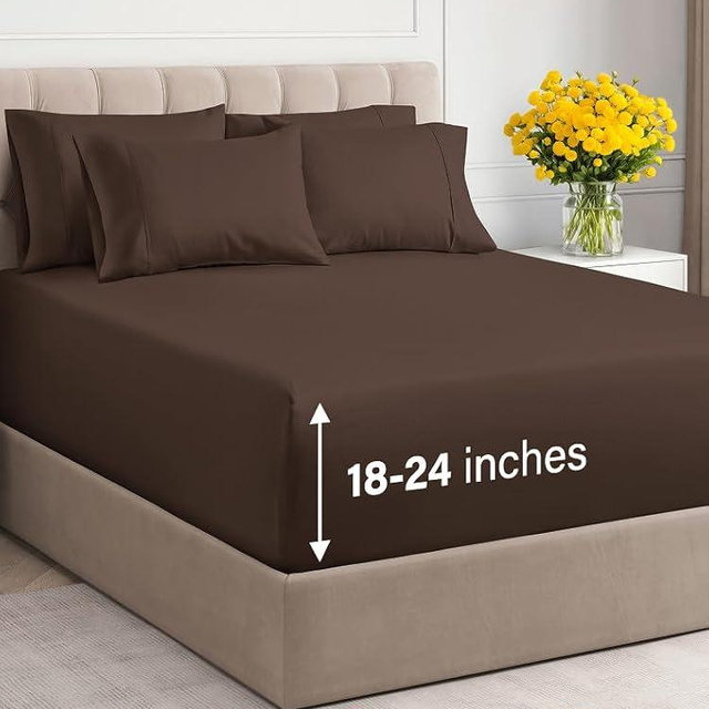 Extra Deep Cal King Sheet Set - 6 Piece Breathable & Cooling Sheets - Hotel Luxury Bed Sheets Set - Easy & Secure Fit - Soft, Wrinkle Free & Comfy Sheets Set - Brown Sheet Set with Extra Deep Pockets