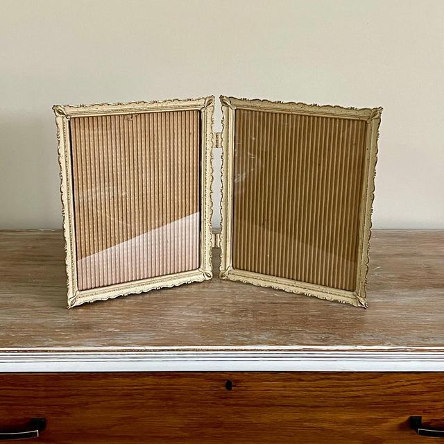 vintage mcm metal frame, bifold picture frame, fits 8” x 10” photos, ivory painted goldtone metal