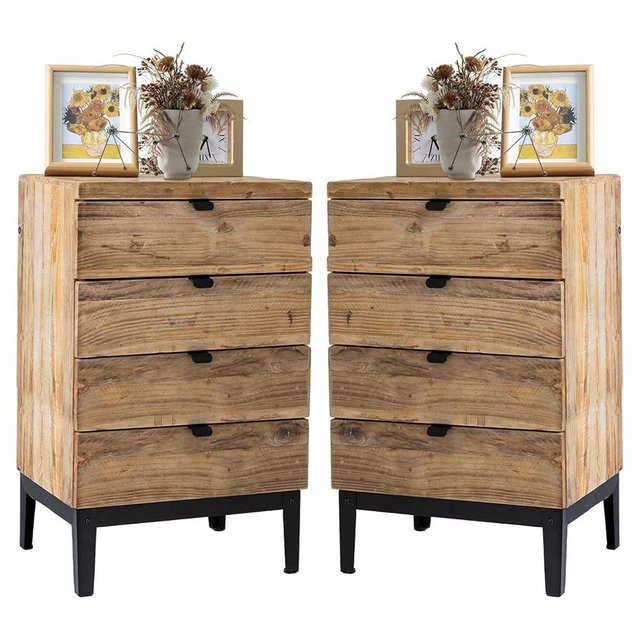 Wnutrees Farmhouse Nightstand Wood Bedside Table with 4-Drawers Bedside End Tables Storage for Living Room, Hallway, Handmade Distressed, Natural, Set of 2