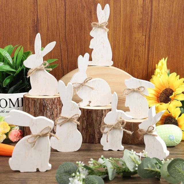 8 PCS Easter Bunny Wooden Signs Bunny Wood Table Decoration Sign Farmhouse Easter Rabbit Shaped Tabletop Centerpieces with Rope for Easter Gifts Home Tiered Tray Decor