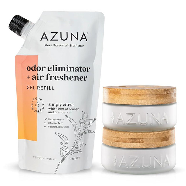 Azuna Air Freshener & Odor Eliminator for Strong Odor | 2 Room Kit Includes (2) Empty Luxe Glass Jar & 12oz Gel Refill with Tea Tree Essential Oil | Simply Citrus | Last 60-90 Days