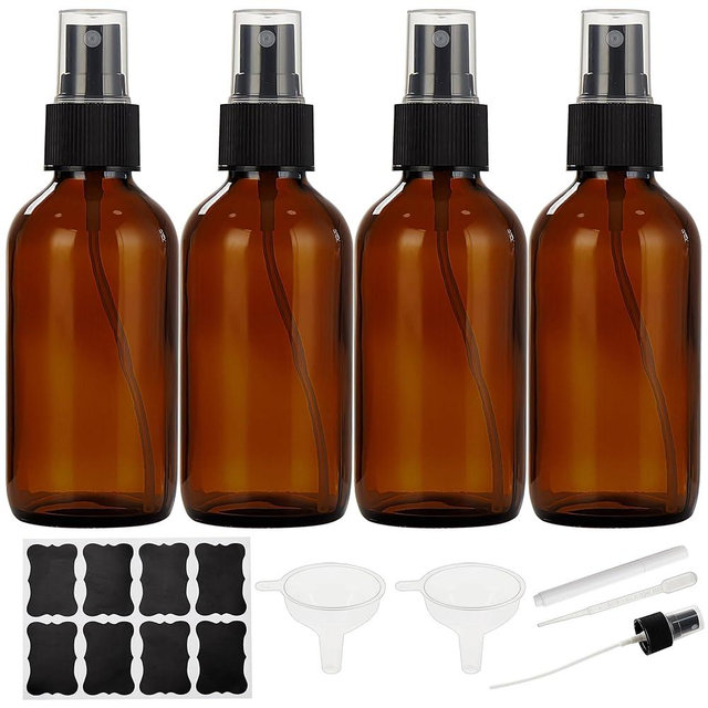Bastelica Dark Amber Glass Spray Bottles 4 oz, Small Glass Spray Bottles for Essential Oils, Fine Mist for Face, Hair, Plants, Travel, Perfumes, Cleaning Solutions - 4 Pack