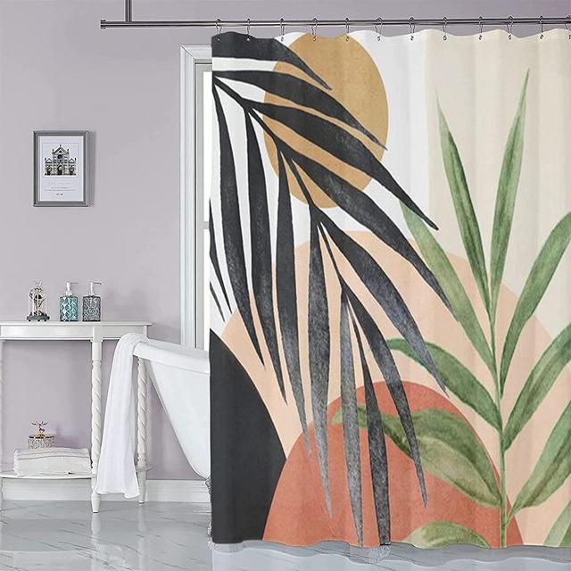 Fabric Shower Curtain for Bathroom Mid Century Boho Shower Curtains Abstract Tropical Leaf Bathtub Treatment Panels with Hooks Minimalist Home Decor for Hotel Spa, 72" x 72"