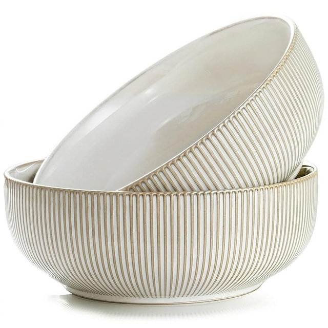 getstar Large Serving Bowls (9.5 inch & 92 fl oz), Ceramic Salad Bowl Set of 2, Microwave and Dishwasher Safe (Embossed Stripes)