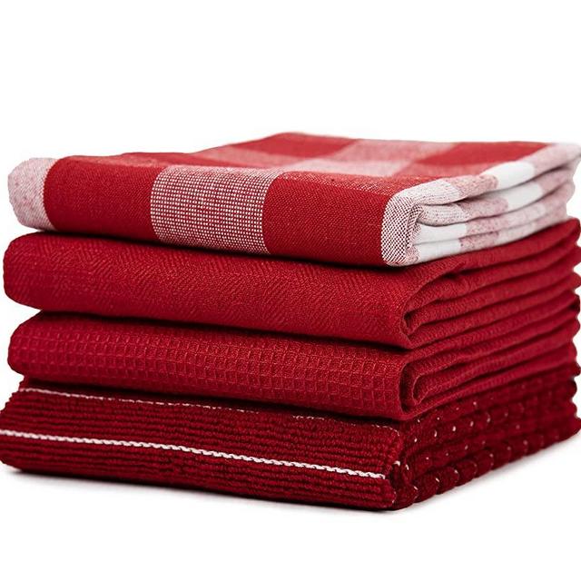 Sticky Toffee Mixed Pack Kitchen Dish Towels, Flat, Terry, Waffle and Herringbone, 4 Pack, 28 in x 16 in, Red
