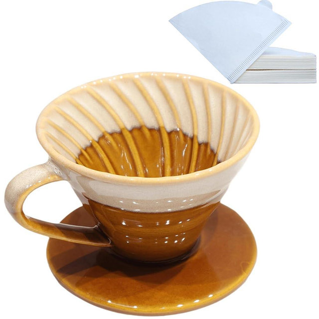 LonMuseum Handmade Ceramic Pour Over Coffee Dripper with 50 Pcs Coffee Filters - Portable Drip Coffee Brewer for Travel, Camping, Office or Home - Artisanal Pottery Gift for Enthusiasts