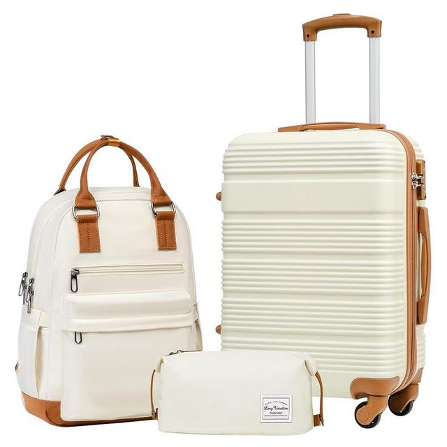 LONG VACATION Luggage Set 20 IN Carry on Suitcase ABS Handshell Luggage 3 Piece Set with TSA Lock Spinner Wheels (3 piece set (BP), WHITE-BROWN)