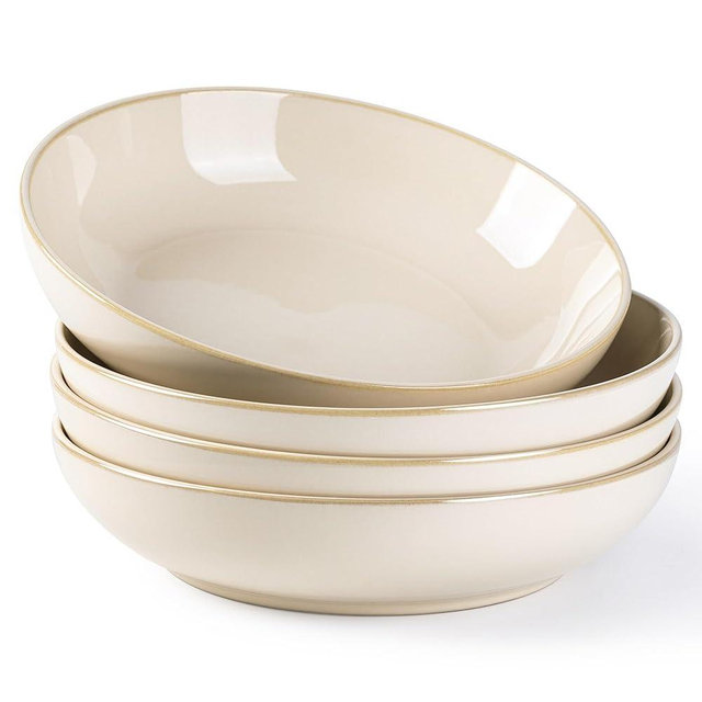 AmorArc 8.5'' Large Ceramic Pasta Bowls, 36oz Stoneware Pasta Serving Bowls Set of 4 for Kitchen, Wide Bowls for Pasta,Salad,OatmeaL,Microwave Safe, Reactive Glaze-Vanilla