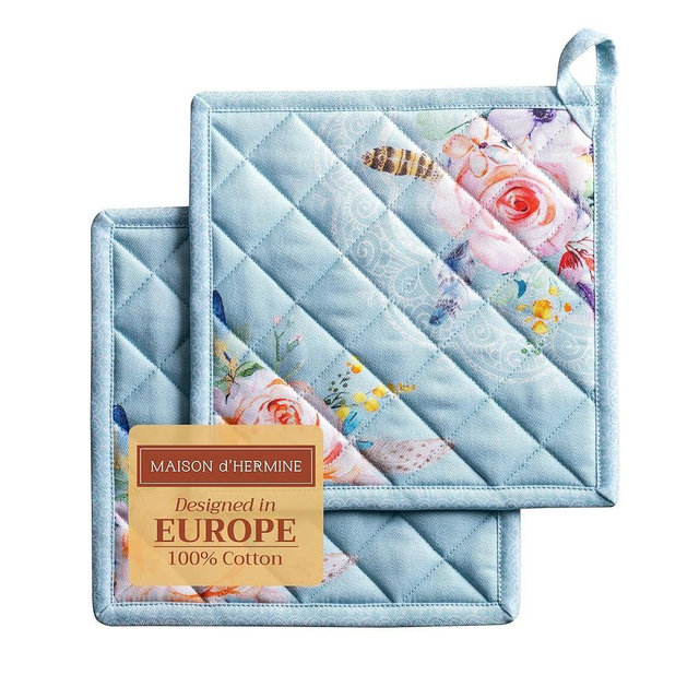 Maison d' Hermine Pot Holders 100% Cotton Heat Resistant Potholders 8" x 8" Hot Pads with Loop BBQ Cooking Baking Easter Decorations Handling Hot Pans Spring/Summer (Pack of 2, Ibiza - Blue)
