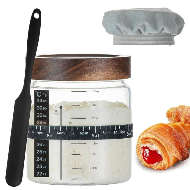 Wissy&Konny Sourdough Starter Jar 35OZ with Ounce Scale Line,Date Marked Feeding Band, Thermometer, Sourdough Jar Scraper, Cloth Cover & Wood Lid, Wide Mouth for Sourdough Bread Baking