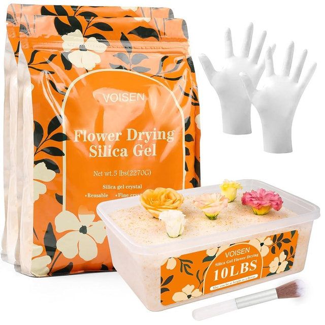 VOISEN Silica Gel Flower Drying, 10LBS Silica Gel for Drying Flowers,Color Indicating Flower Preservation Kit Contains Flowers Desiccant, Brush, Gloves, 6.7 L Plastic Box