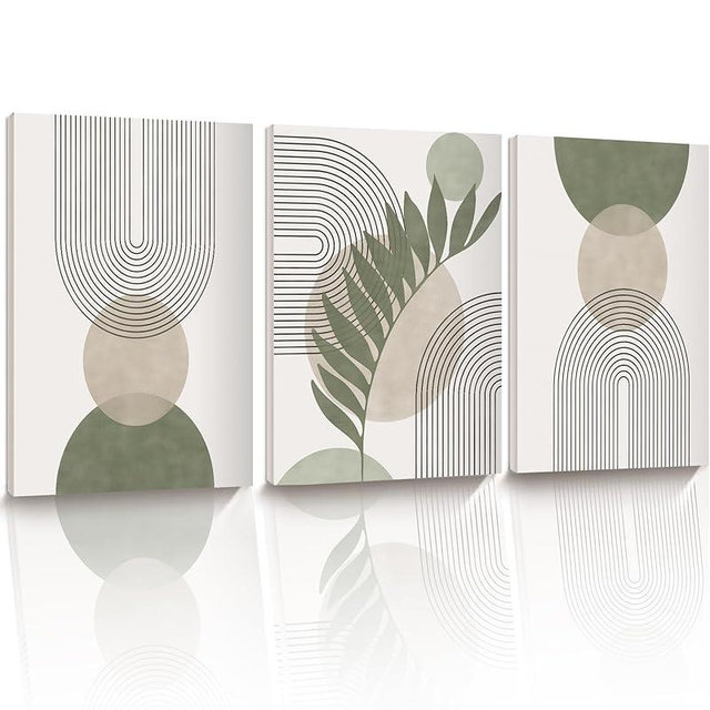 HesenDot 30x40CM Sage Green Boho Wall Art,Framed Canvas Bathroom Wall Art Pictures, Mid-Century Modern Wood Framed Abstract Prints for Bedroom,Minimalist Office Wall Decor 3Pack