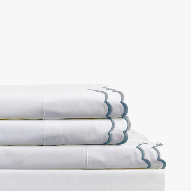 Blue/White Maci Double Scalloped Percale Embroidered Sheet Set, King