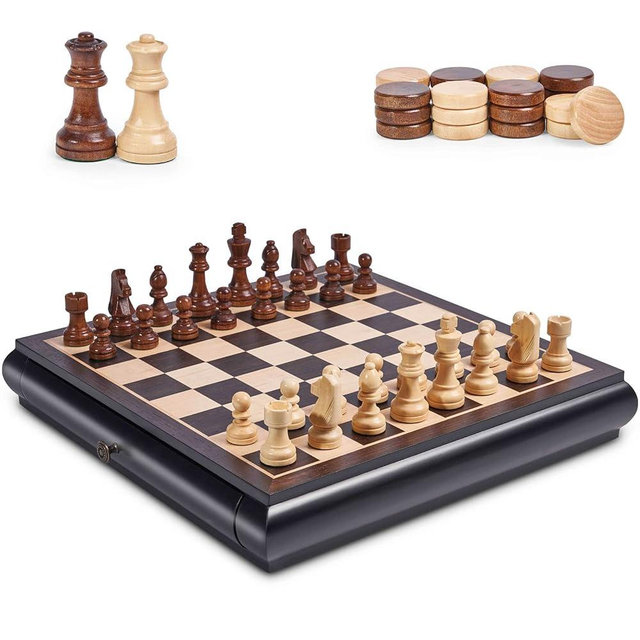 VAMSLOVE Wooden Chess Checkers Game Set 15.5" Large Size Board w/Storage Drawers, Weighted Chess Pieces - 2 Extra Queens 3" King, Gift for Birthday Housewarming Retirement - Black
